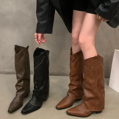 Studded slouch knee boots in dark brown, black and tan