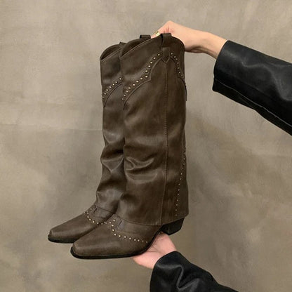 Dark brown studded slouch knee boots held up