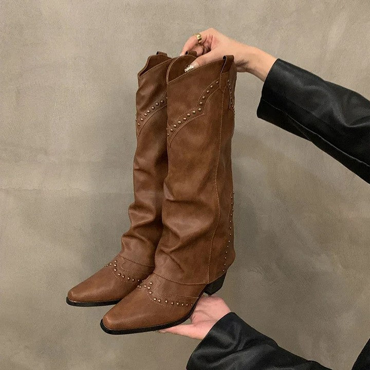 Studded Slouch Knee Boots in Tan | Valenira