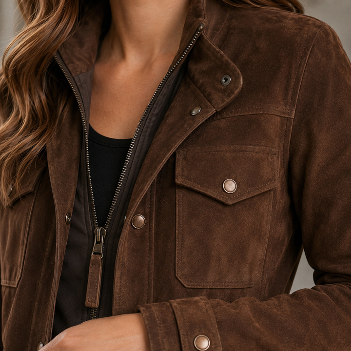 Close up of the snap placket and flap chest pocket on the suede jacket