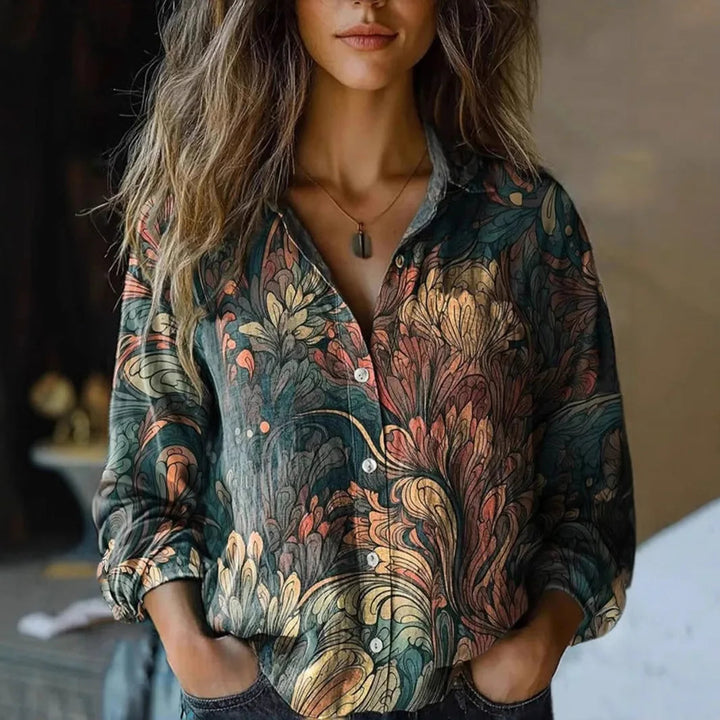 Dark green botanical print button shirt with rolled sleeves, front view