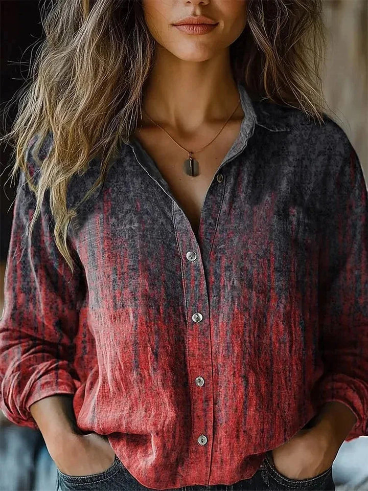 Dark grey and red faded print button shirt, front view
