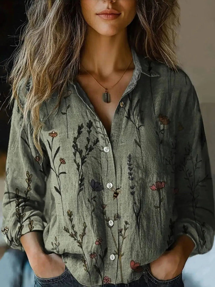 Olive green wildflower print button shirt with a spread collar