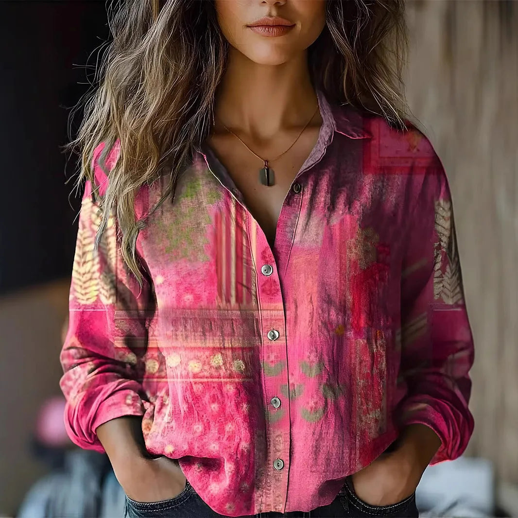 Pink tapestry print button shirt with rolled sleeves, front view