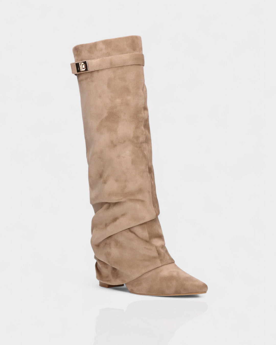 Taupe suede foldover knee boot at a front three quarter angle