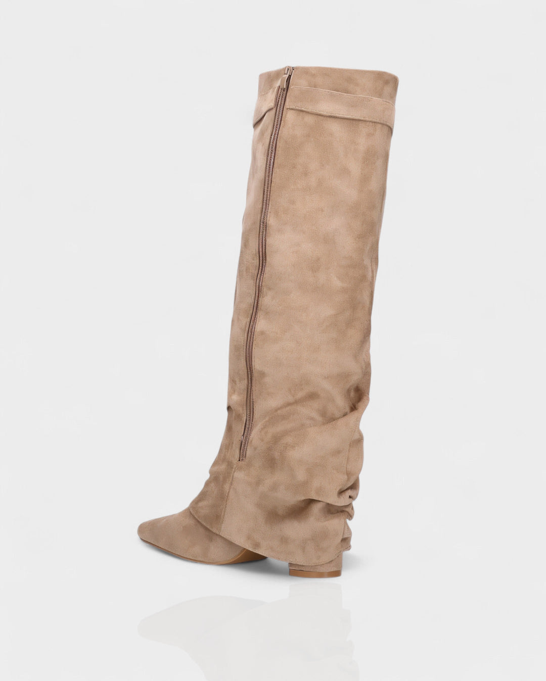 Taupe suede foldover knee boot seen from behind with the zip