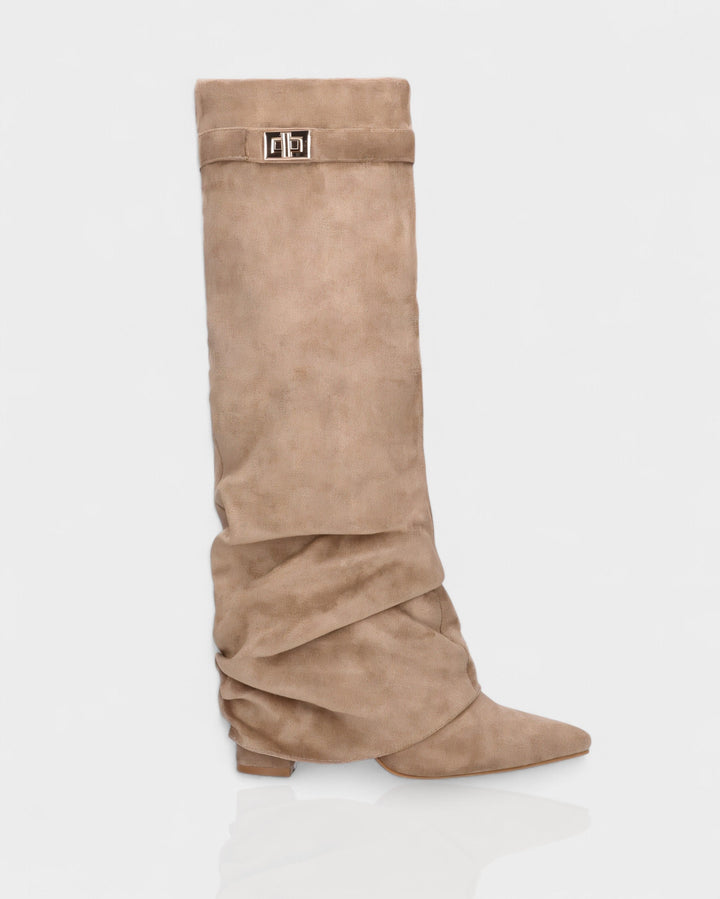 Single taupe suede foldover knee boot seen from the side