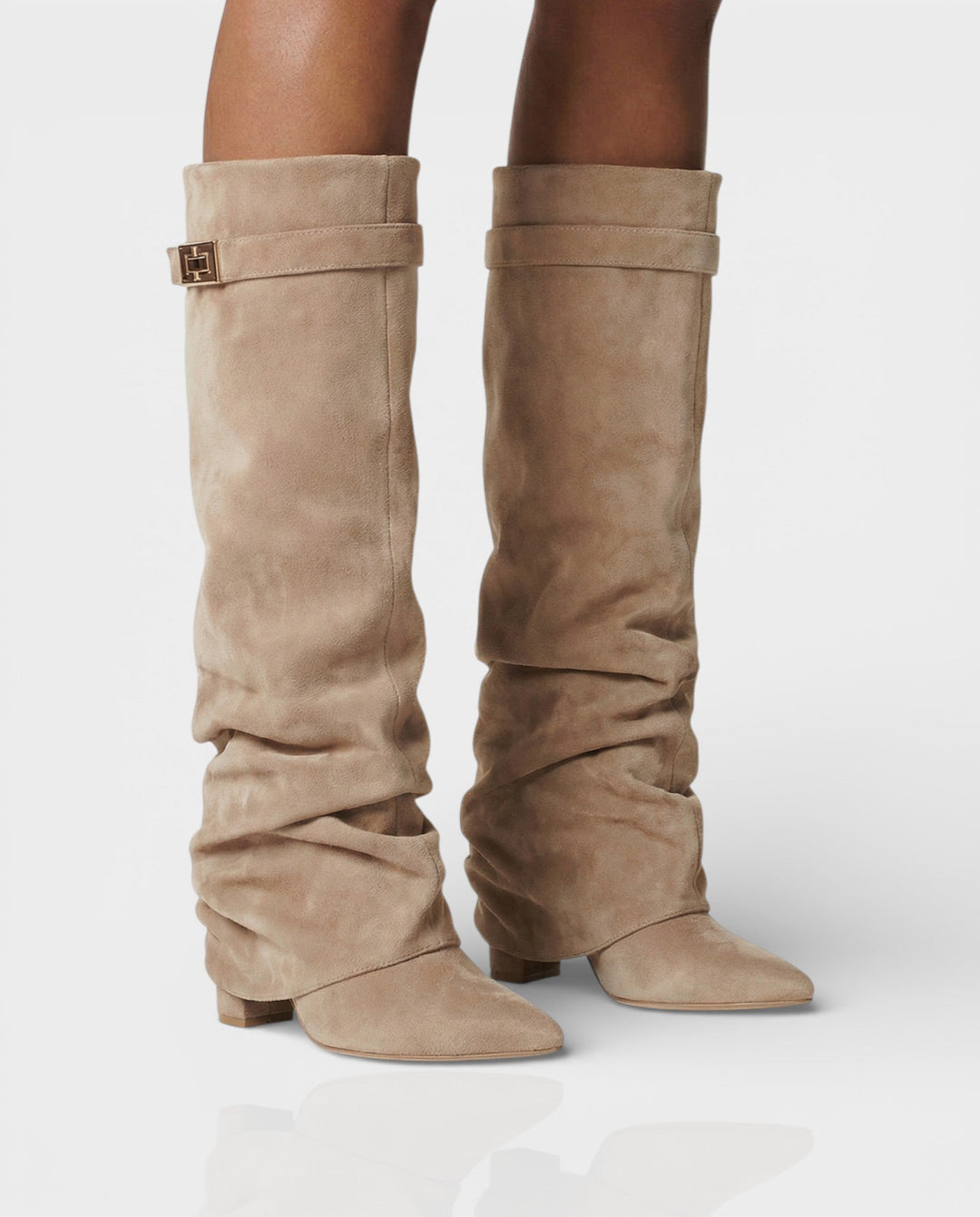 Taupe suede foldover knee boots worn with bare legs, front angle