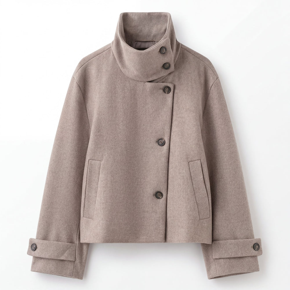 Taupe cropped wool jacket with a stand collar, shown flat
