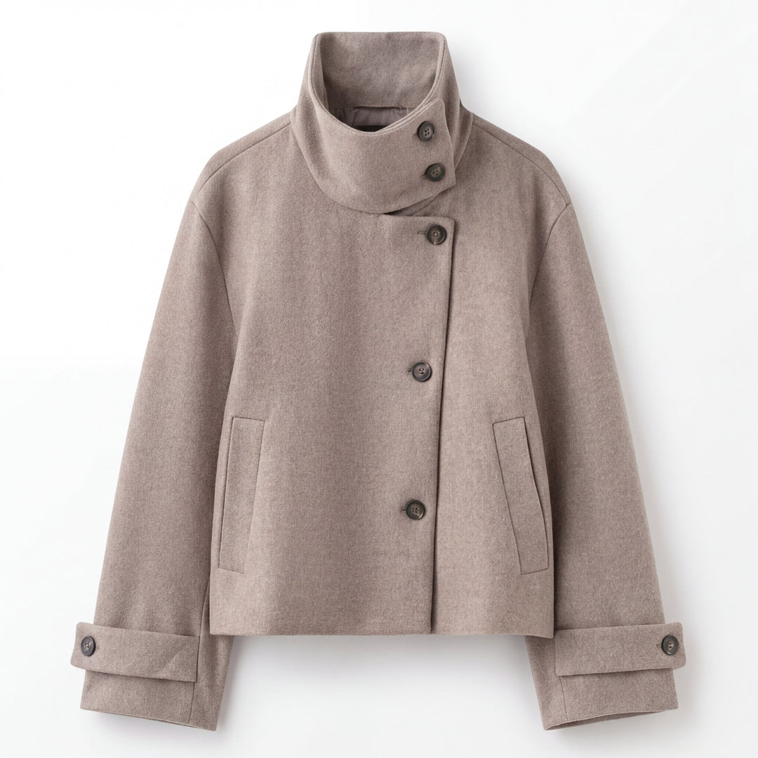 Taupe cropped wool jacket with a stand collar, shown flat