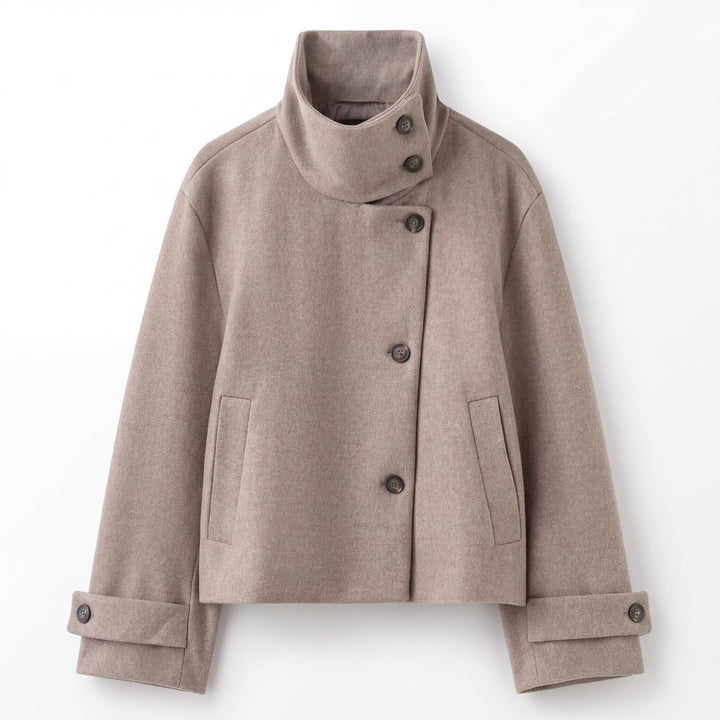 Taupe cropped wool jacket with a stand collar, shown flat