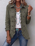 Olive jacket with tone on tone floral embroidery and ruffle trims, front view