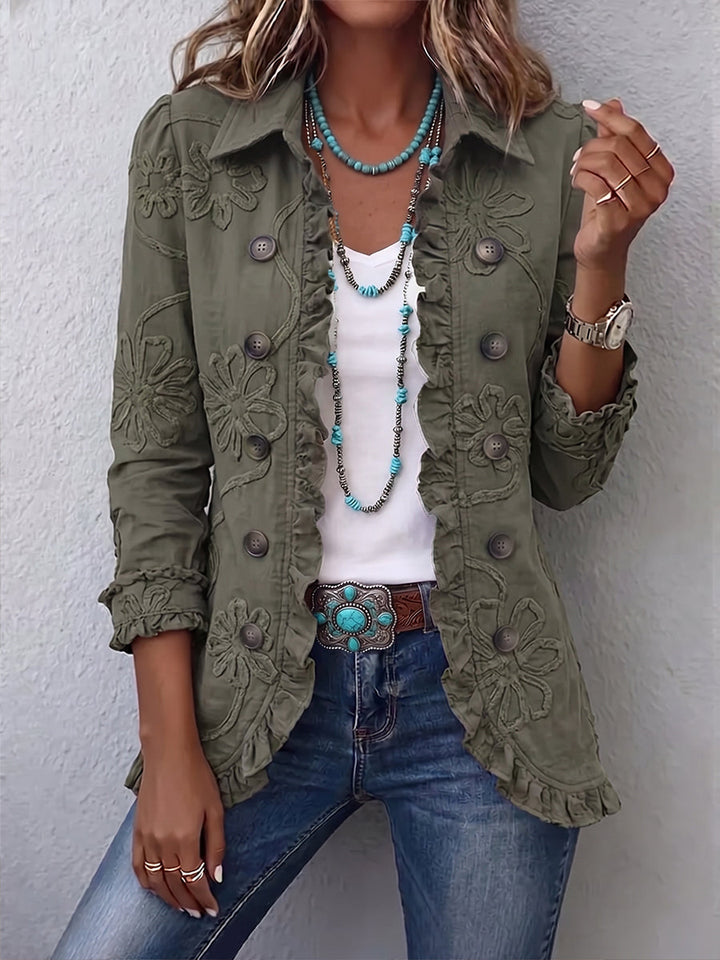 Olive jacket with tone on tone floral embroidery and ruffle trims, front view