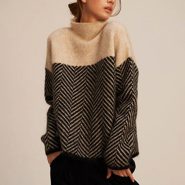 Two Tone Herringbone Turtleneck in Brown | Valenira