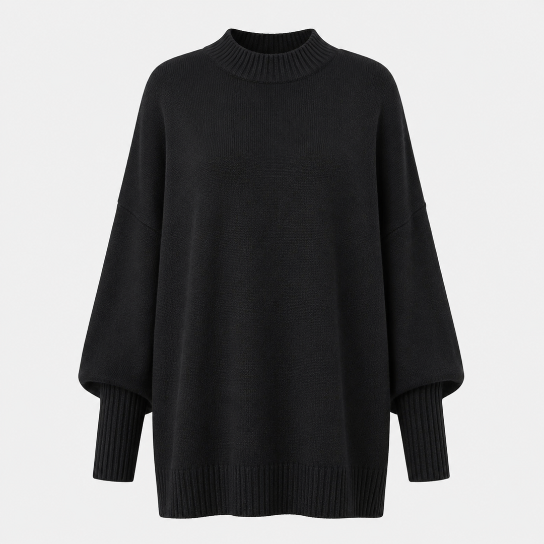 Black oversized knit sweater with mock neck and wide ribbed cuffs, flat front view