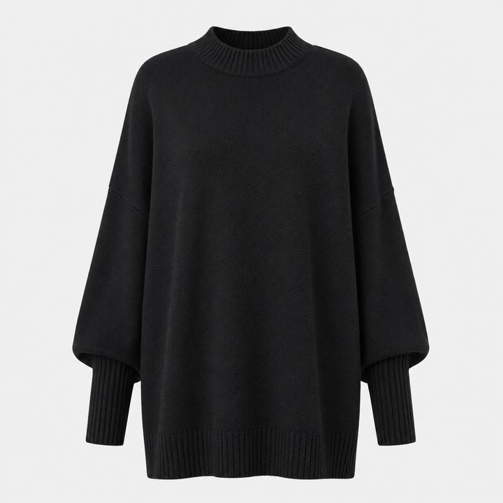 Black oversized knit sweater with mock neck and wide ribbed cuffs, flat front view