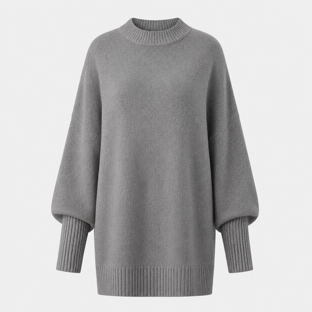Grey oversized knit sweater with mock neck and wide ribbed cuffs, flat front view