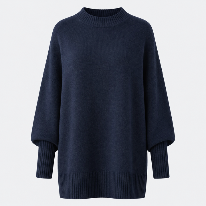 Navy oversized knit sweater with mock neck and ribbed cuffs, laid flat front view