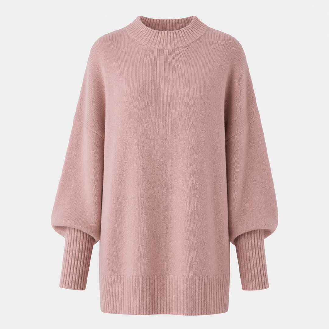 Dusty pink oversized wool blend sweater with mock neck and ribbed cuffs, shown flat