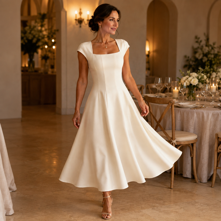 Square Neck Fit and Flare Midi Dress