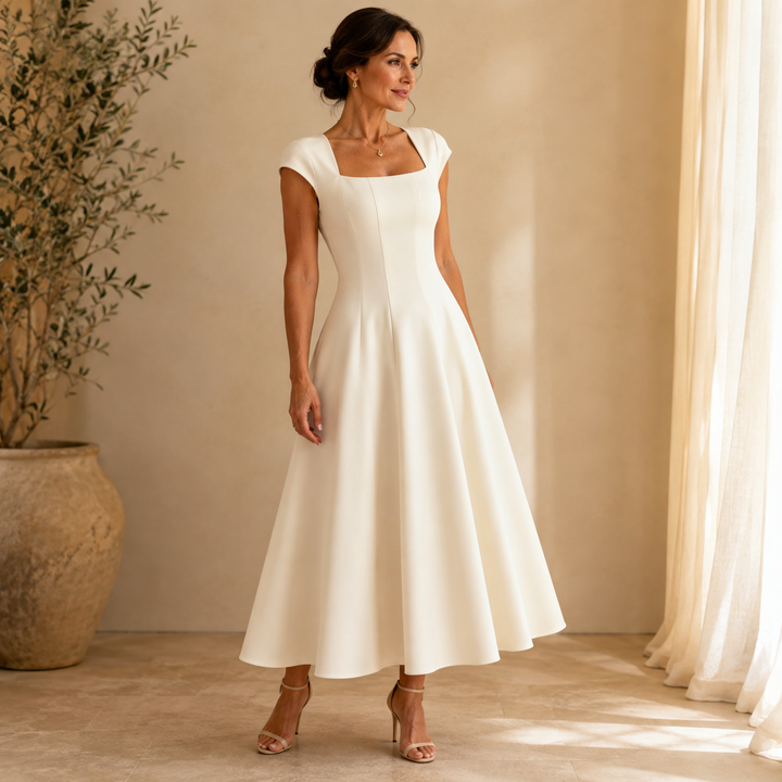 Square Neck Fit and Flare Midi Dress