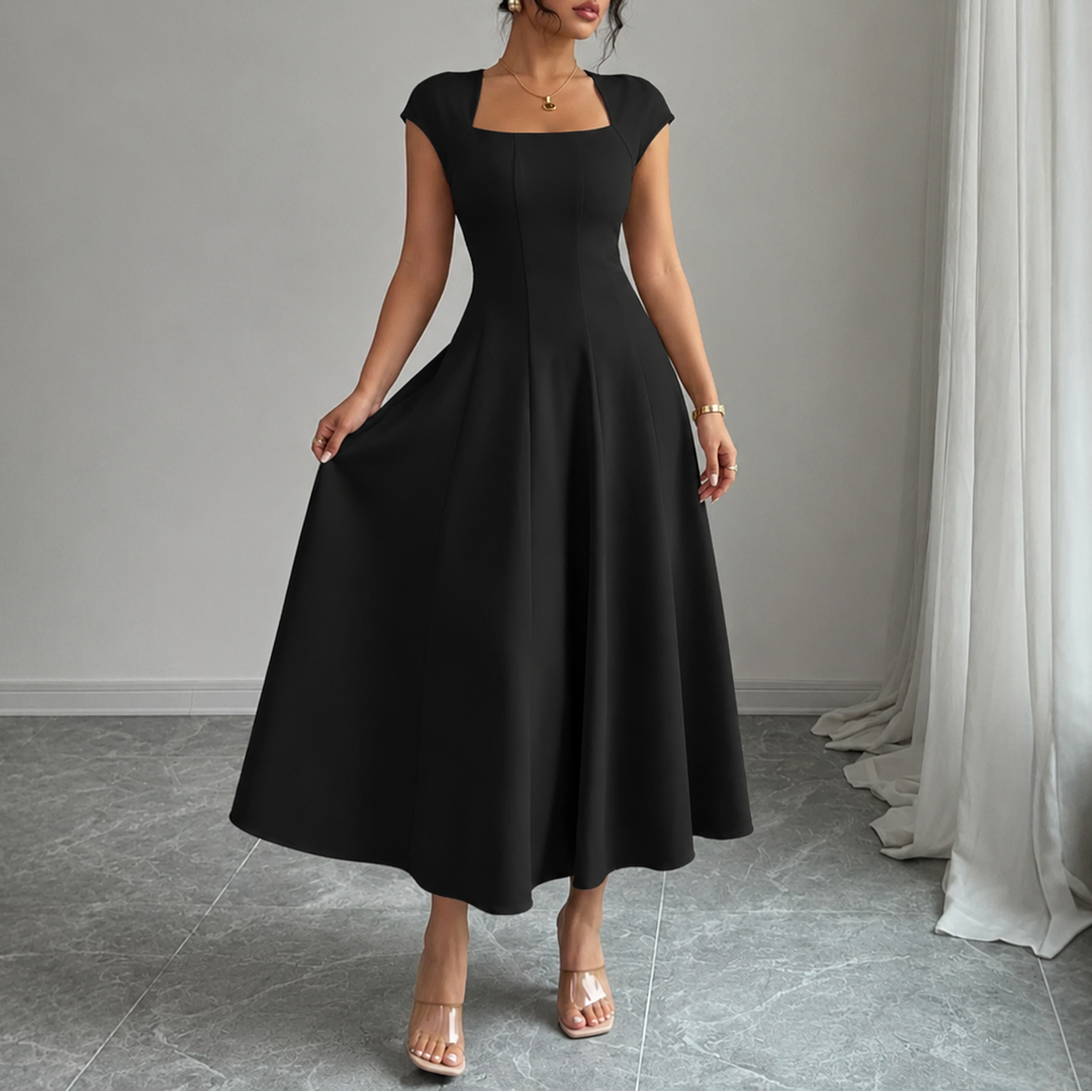 Black square neck midi dress with cap sleeves and full flared skirt, front view