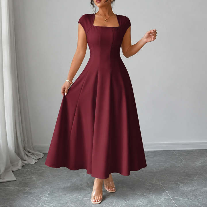 Burgundy square neck midi dress with cap sleeves and full flared skirt, shown full length