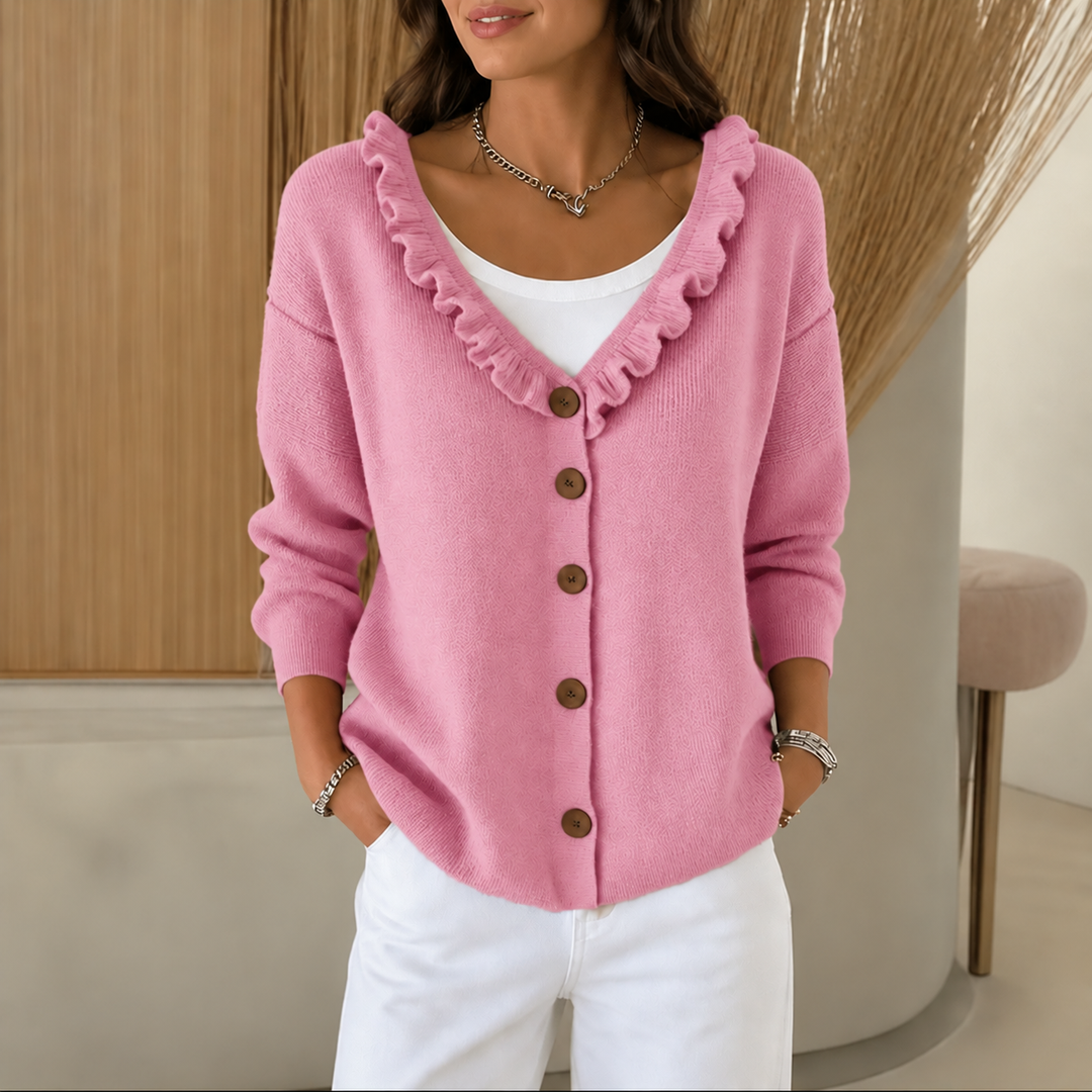 Ruffle Trim Stretch Knit Cardigan