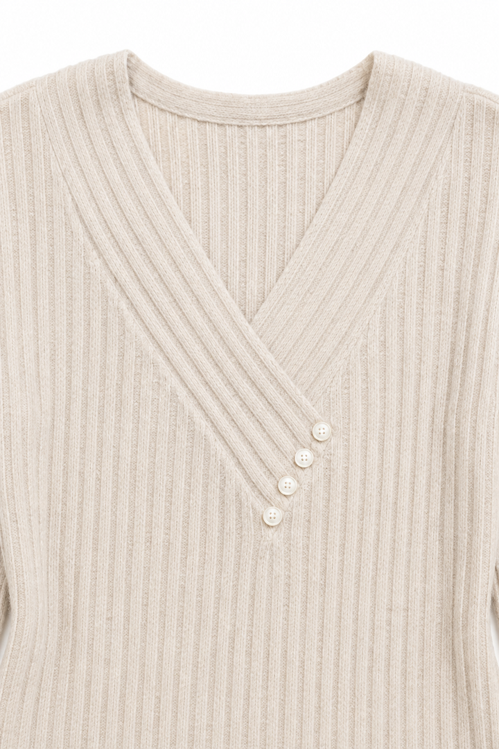 Ribbed V Neck Button Detail Sweater