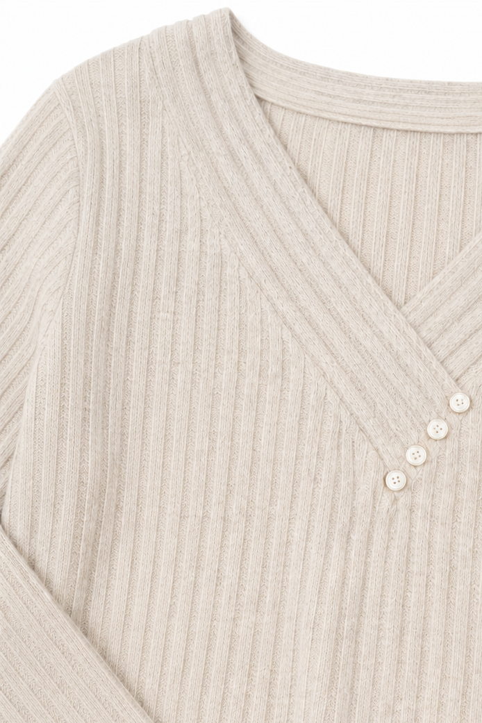 Ribbed V Neck Button Detail Sweater