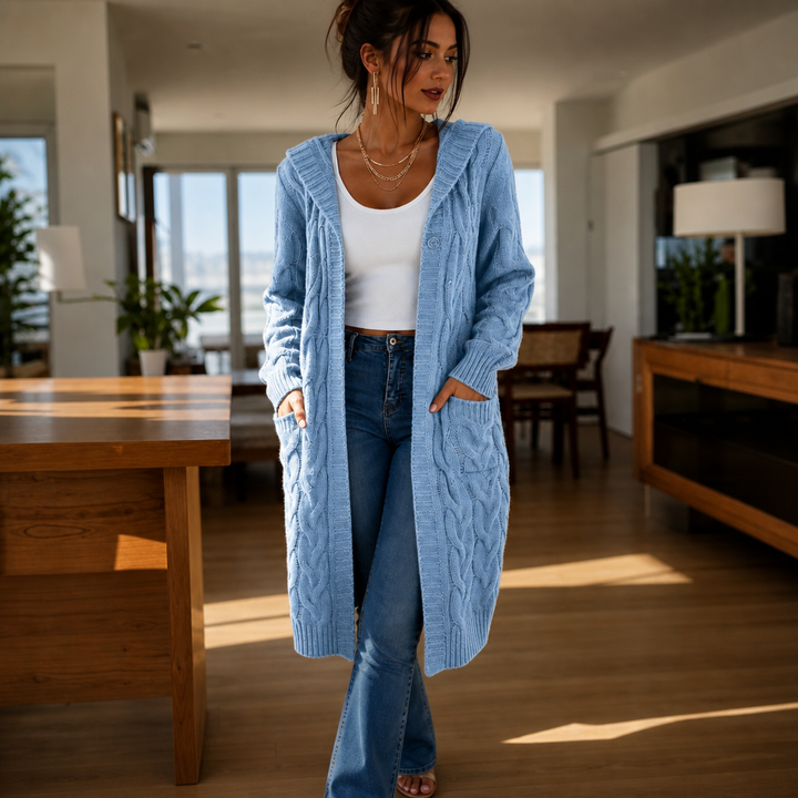 Hooded Longline Cable Knit Cardigan