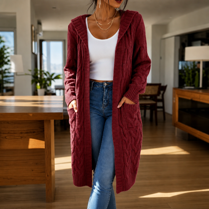 Hooded Longline Cable Knit Cardigan