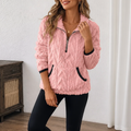 Pink plush textured half zip fleece pullover with contrast pockets