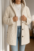 Cream cable texture fleece hooded coat with a button front