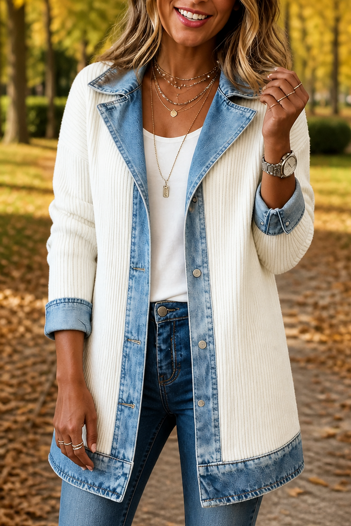 Cream ribbed knit coat with denim collar, cuffs and hem trim
