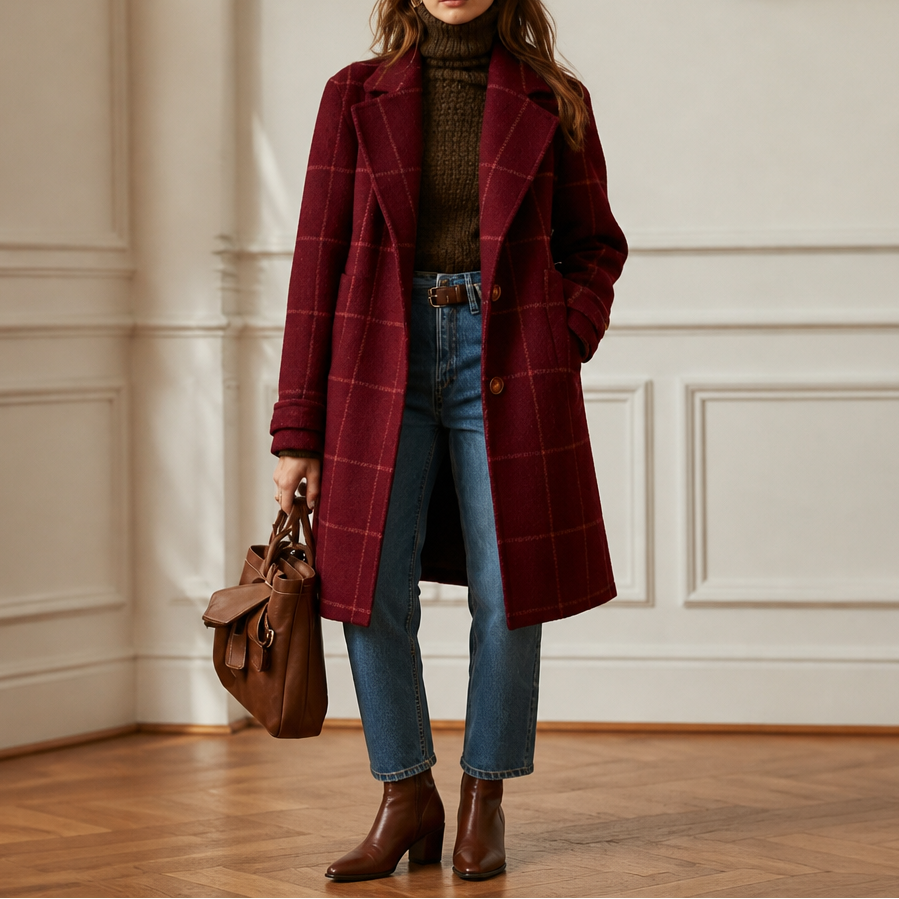 Windowpane Check Two Button Longline Coat