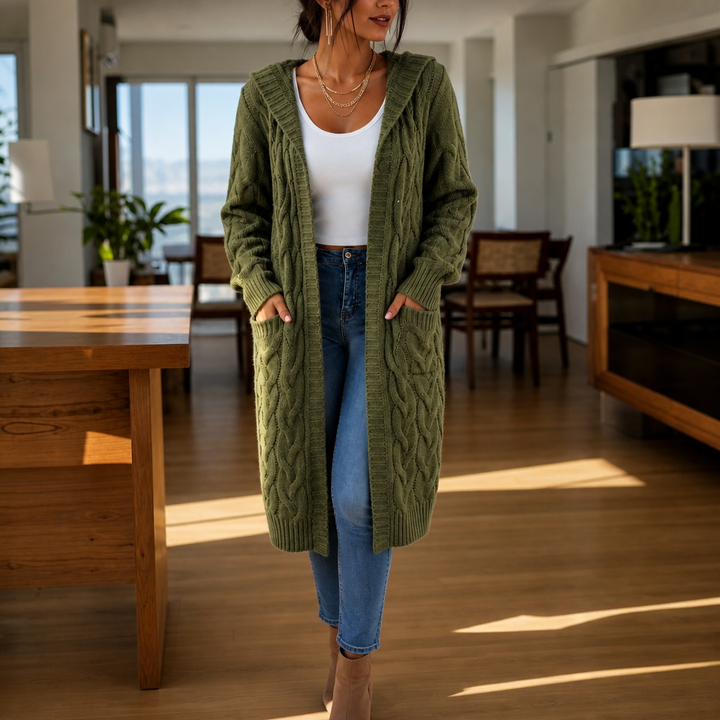 Hooded Longline Cable Knit Cardigan