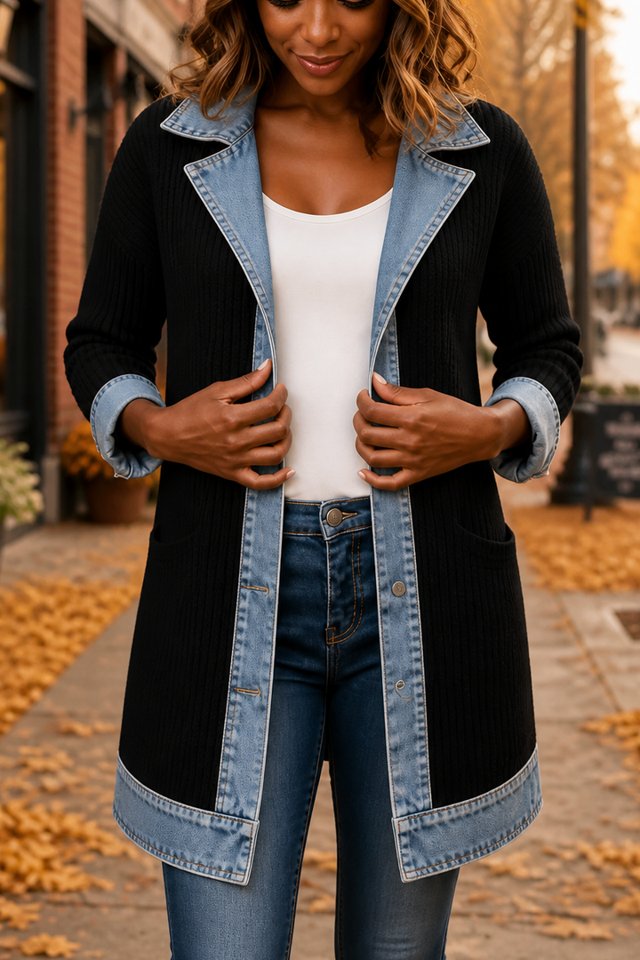 Black ribbed knit coat with denim lapels and hem trim
