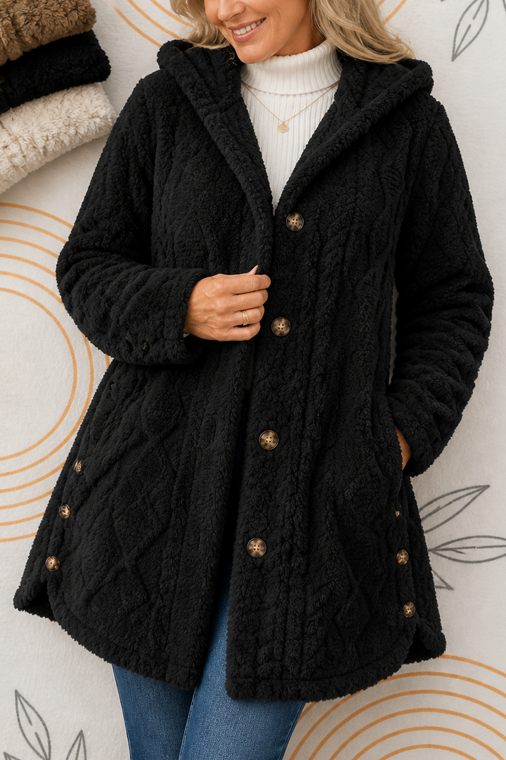 Black cable texture fleece hooded coat with gold buttons