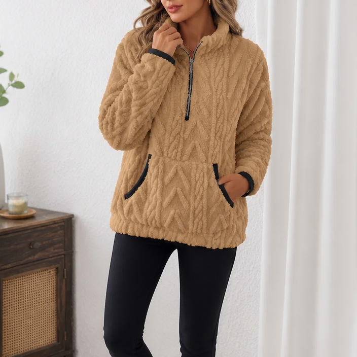 Camel plush textured half zip fleece pullover with pockets