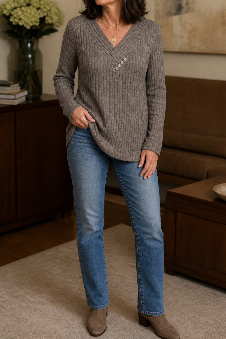 Woman wearing a taupe ribbed V neck button sweater with light blue jeans