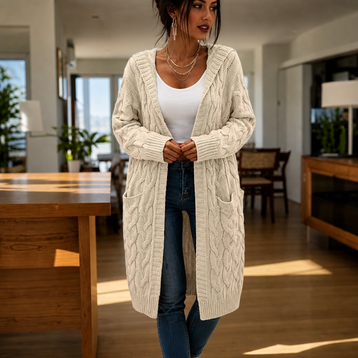 Hooded Longline Cable Knit Cardigan