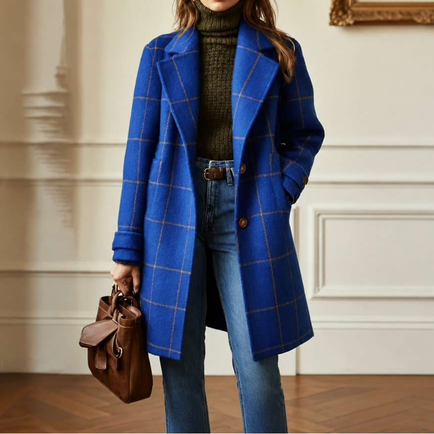 Windowpane Check Two Button Longline Coat