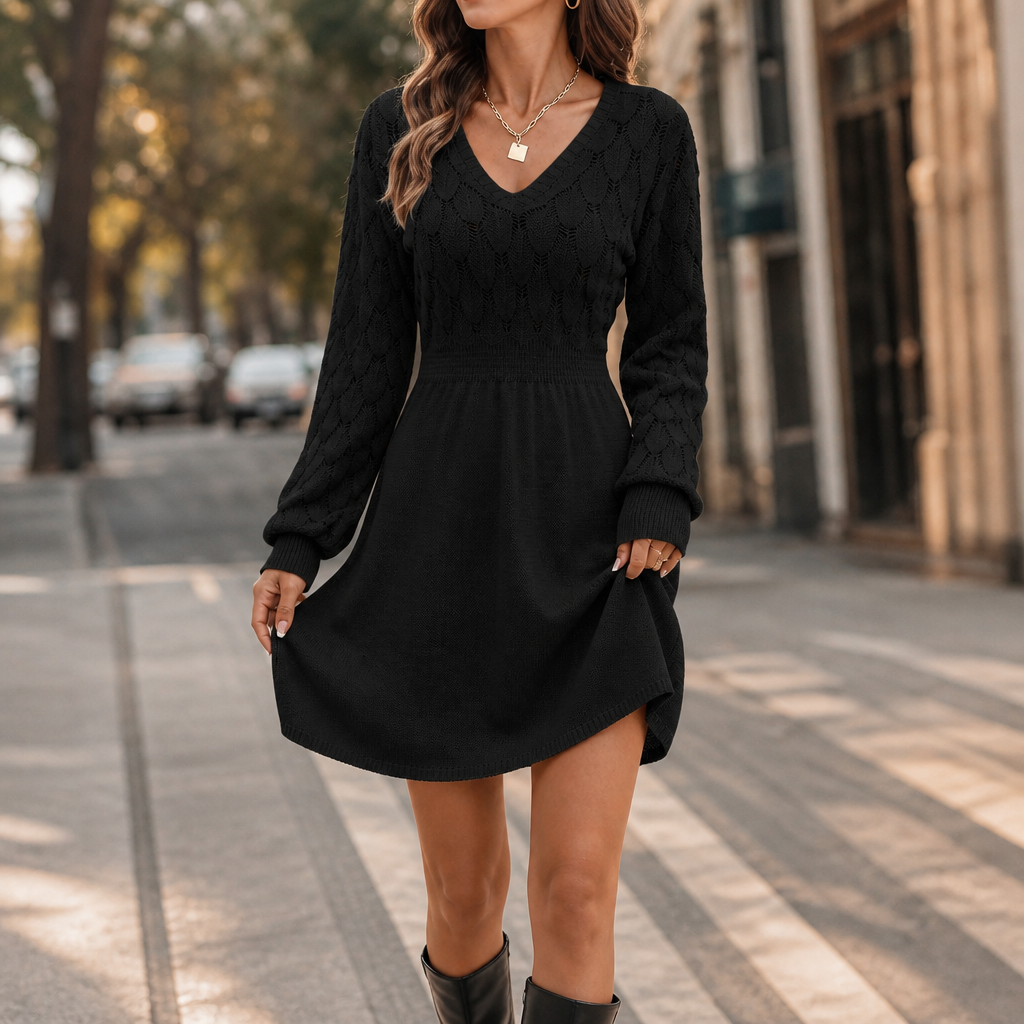 Textured Knit A Line Sweater Dress