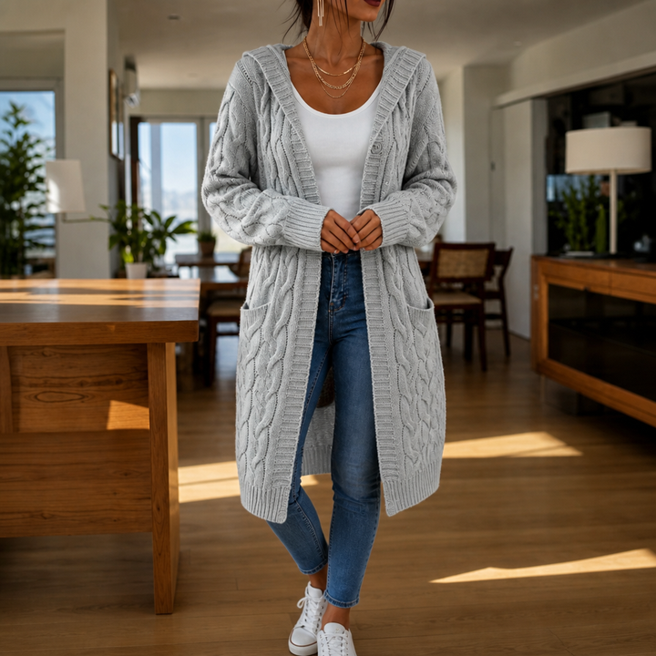 Hooded Longline Cable Knit Cardigan