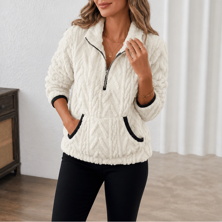 Cream plush half zip fleece pullover with black contrast trim