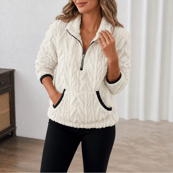 Cream plush half zip fleece pullover with black contrast trim