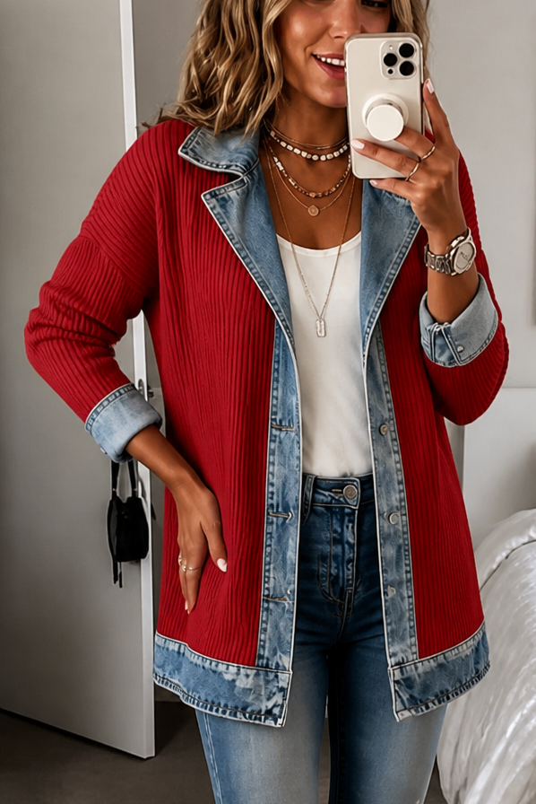 Red ribbed knit coat with denim collar and cuffs