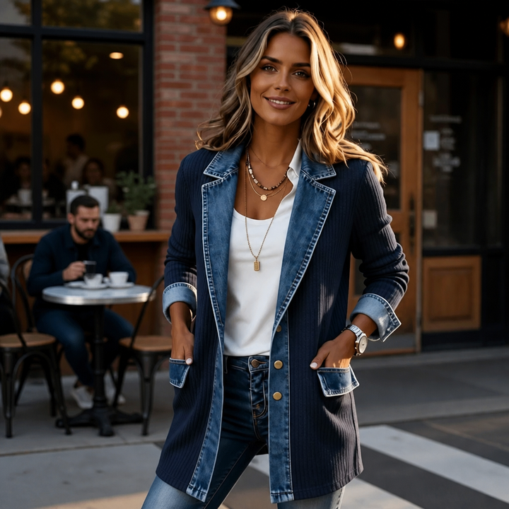 Denim Lapel Ribbed Knit Longline Jacket