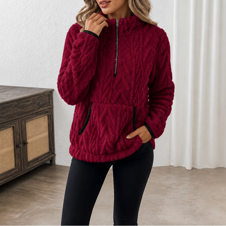 Burgundy plush textured half zip fleece pullover